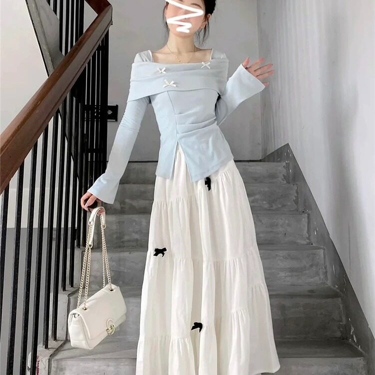 法式蓝色长袖连衣裙子女春装20连衣裙