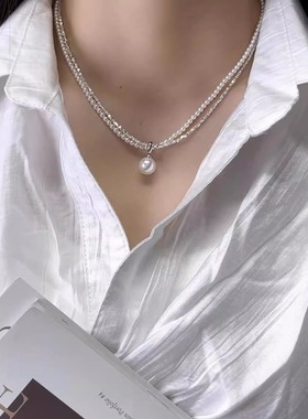 纯银碎银子天然淡水珍珠项链女双层缠绕叠戴锁骨颈链生日礼物
