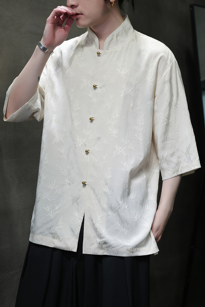 风薄款透气提花休闲铜扣中式复古立领衬衫A321-1-C652-P70,男装衬衫,电商A321-1（原钱塘6020）