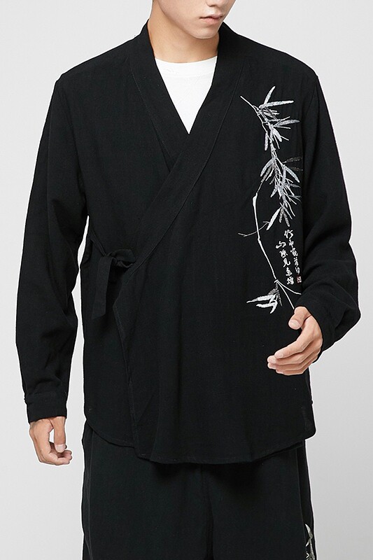 亚麻长袖衬衫开衫道袍汉服和服风男装外套刺绣A321-1F02-P70,男装衬衫,电商A321-1（原钱塘6020）