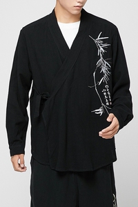 亚麻长袖衬衫开衫道袍汉服和服风男装外套刺绣A321-1F02-P70图片