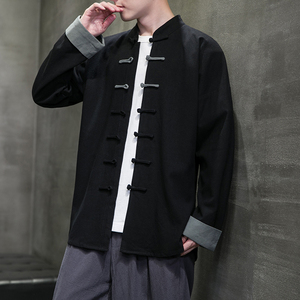 春秋中式复古太极服汉服风拼接亚麻棉麻衬衫A321-1-C631-P70图片