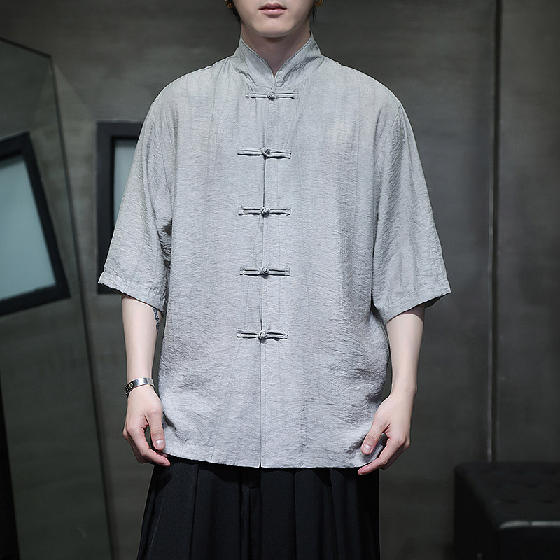 风唐装柳染亚麻短袖衬衫轻薄透气新中式汉服A321-1-C651-P75,男装衬衫,电商A321-1（原钱塘6020）
