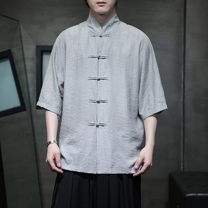 风唐装柳染亚麻短袖衬衫轻薄透气新中式汉服A321-1-C651-P75图片