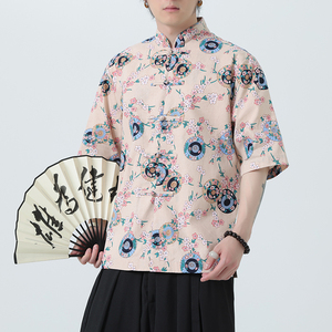 中式盘扣印花衬衫大码宽松风夏季休闲衬衣A321-C635-P60图片