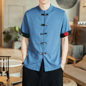 风男装立领衬衣复古中式大码亚麻衬衫A321-1-C620-P40图片