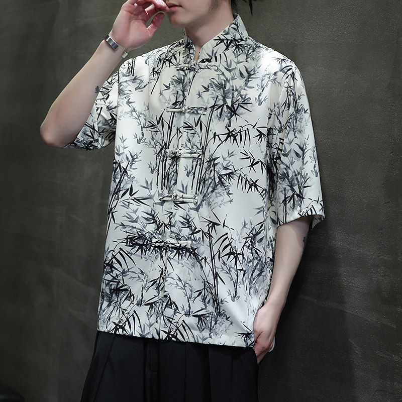 风夏季水墨印花薄款透气短袖新中式盘扣衬衫A321-C636-P50,男装衬衫,电商A321-1（原钱塘6020）