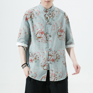 风夏季短袖衬衫汉服休闲大码印花男上衣唐装A321-1-C628-P50图片