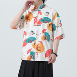 中式盘扣印花衬衫大码宽松风夏季休闲衬衣A321-C635-P60，男装衬衫，电商A321-1（原钱塘6020）