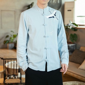 风男装刺绣亚麻长袖衬衫中式盘扣立领唐装A321-1-C626-P70图片