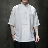 刺绣汉服风夏季轻薄亚麻短袖衬衫男新中式唐装A321-C650-P65，男装衬衫，电商A321-1（原钱塘6020）