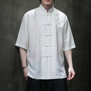 刺绣汉服风夏季轻薄亚麻短袖衬衫男新中式唐装A321-C650-P65图片