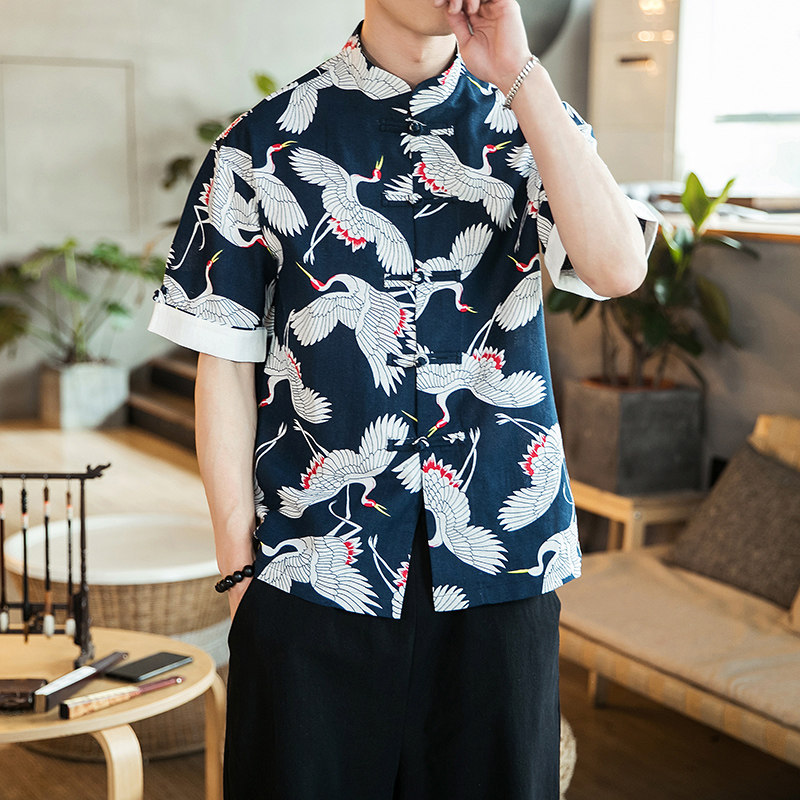 唐装短袖衬衫中式盘扣衬衣风亚衬衫A321-1-C617-P50,男装衬衫,电商A321-1（原钱塘6020）