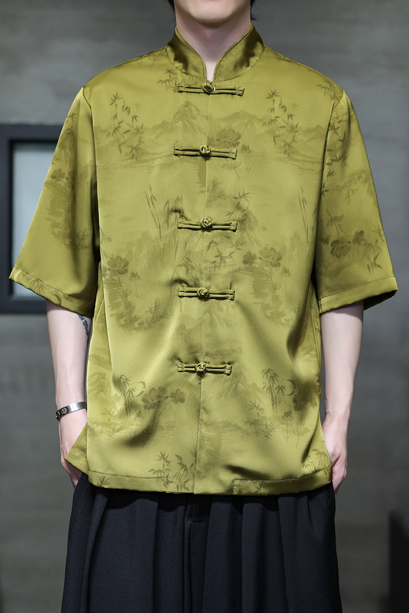 风冰丝短袖水墨印花中式休闲唐装大码衬衫A321-1-C662-P70,男装衬衫,电商A321-1（原钱塘6020）