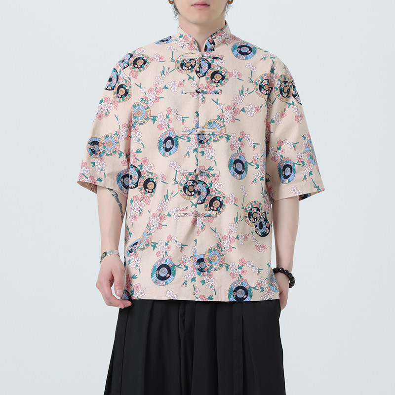 中式盘扣印花衬衫大码宽松风夏季休闲衬衣A321-C635-P60,男装衬衫,电商A321-1（原钱塘6020）