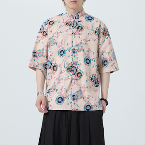 中式盘扣印花衬衫大码宽松风夏季休闲衬衣A321-C635-P60
