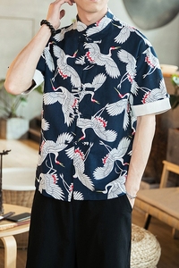 风印花短袖衬衫男装上衣复古风唐装A321-1-C610-P50图片