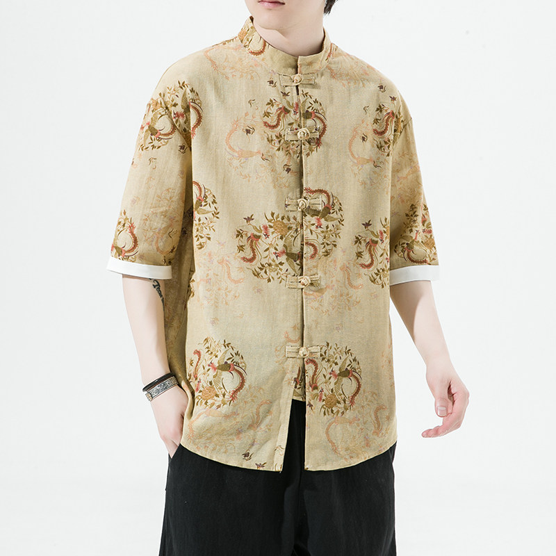 风夏季短袖衬衫汉服休闲大码印花男上衣唐装A321-1-C628-P50,男装衬衫,电商A321-1（原钱塘6020）