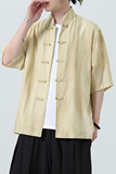 风唐装柳染亚麻短袖衬衫轻薄透气新中式汉服A321-1-C651-P75，男装衬衫，电商A321-1（原钱塘6020）
