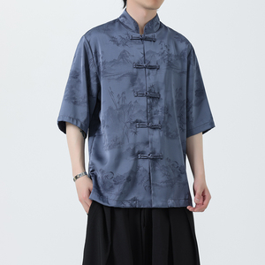 风冰丝短袖水墨印花中式休闲唐装大码衬衫A321-1-C662-P70图片