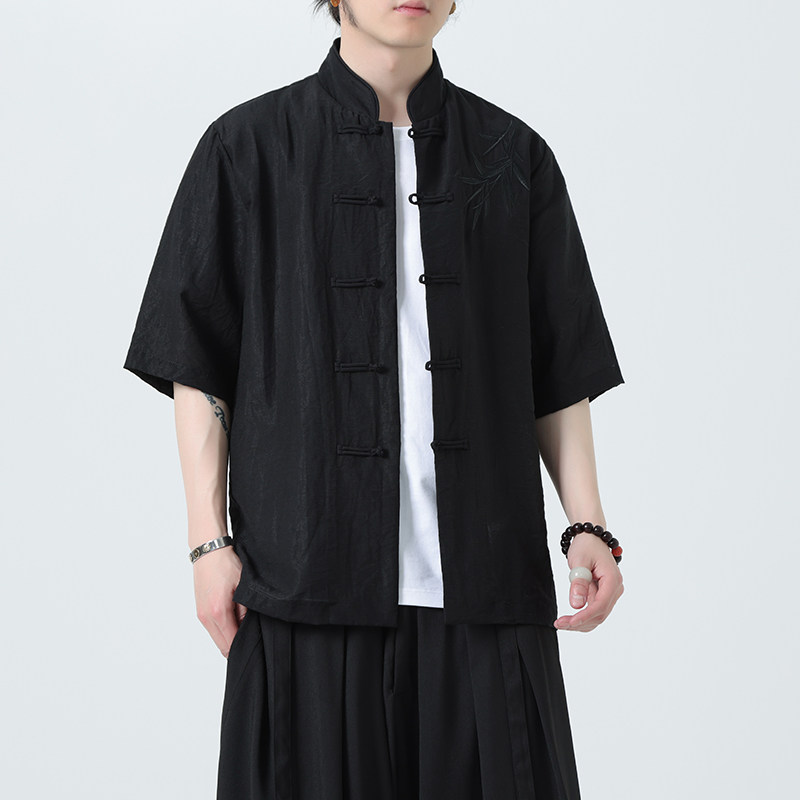 刺绣汉服风夏季轻薄亚麻短袖衬衫男新中式唐装A321-C650-P65,男装衬衫,电商A321-1（原钱塘6020）