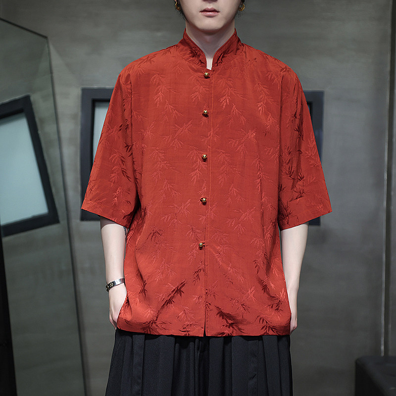 风薄款透气提花休闲铜扣中式复古立领衬衫A321-1-C652-P70,男装衬衫,电商A321-1（原钱塘6020）