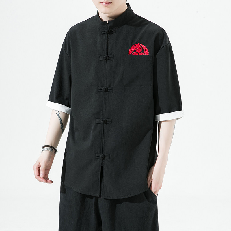 风夏季五分袖冰丝唐装大码刺绣短袖男装衬衫A321-1-C627-P50,男装衬衫,电商A321-1（原钱塘6020）