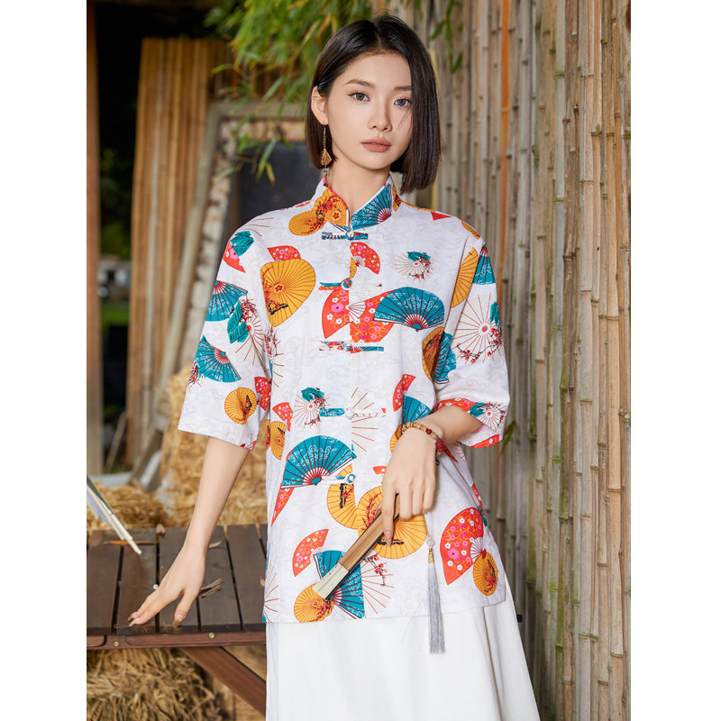 中式盘扣印花衬衫大码宽松风夏季休闲衬衣A321-C635-P60,男装衬衫,电商A321-1（原钱塘6020）