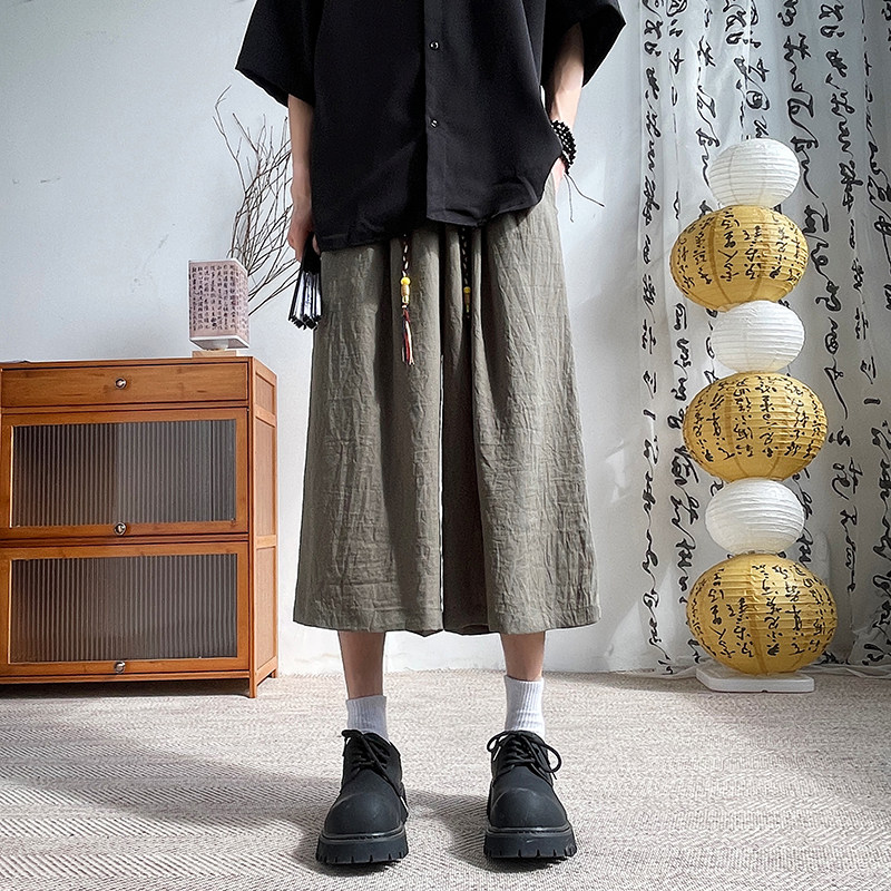 新中式夏季宽松直筒垂感七分阔腿风亚麻男裤A321-1-K937-P60,男装休闲裤,电商A321-1（原钱塘6020）