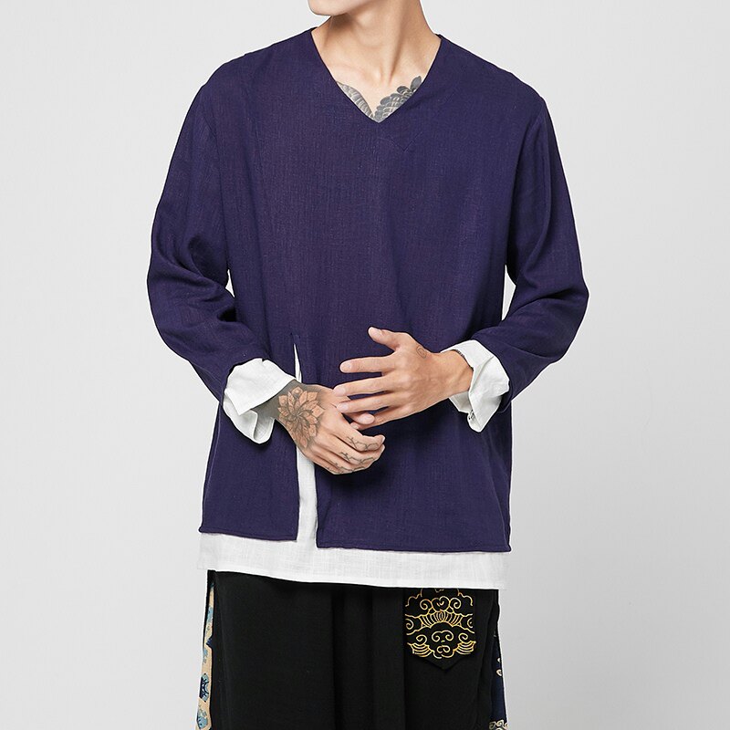 风长袖T恤男装休闲宽松假两件亚麻仙气上衣A312-1-T809-P65,男装T恤,电商A321-1（原钱塘6020）