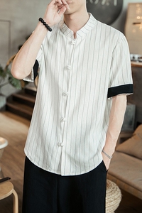 立领短袖衬衫男风盘扣提花条纹亚大码衬衣A321-1-C622-P40图片