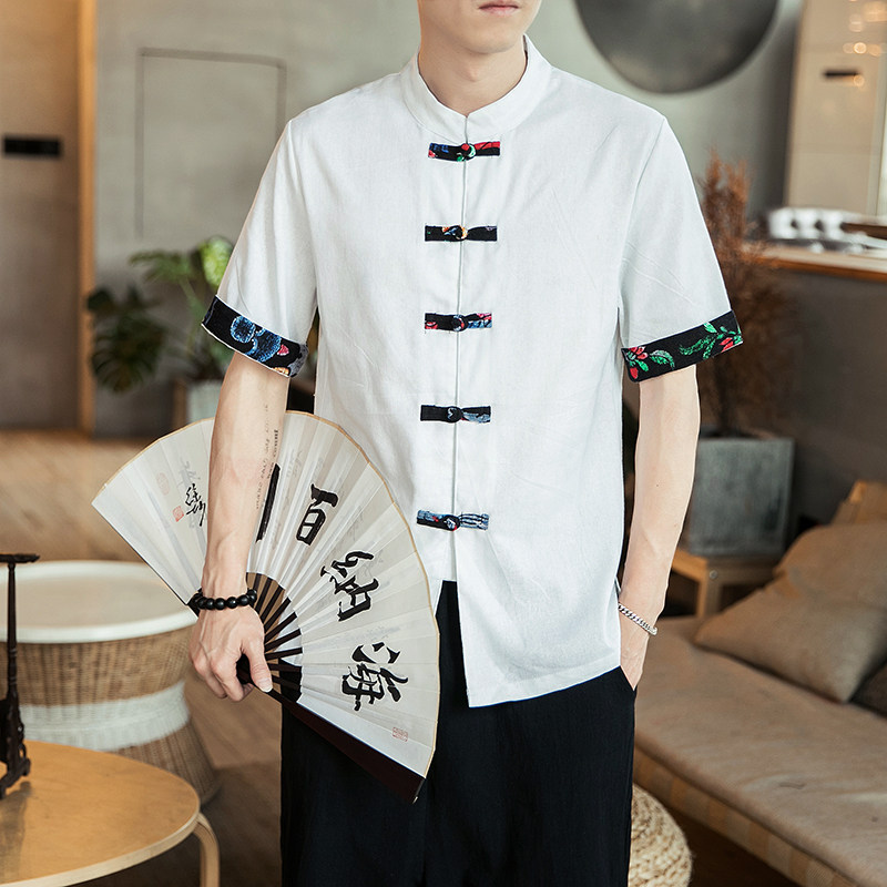 风男装立领衬衣复古中式大码亚麻衬衫A321-1-C620-P40，男装衬衫，电商A321-1（原钱塘6020）