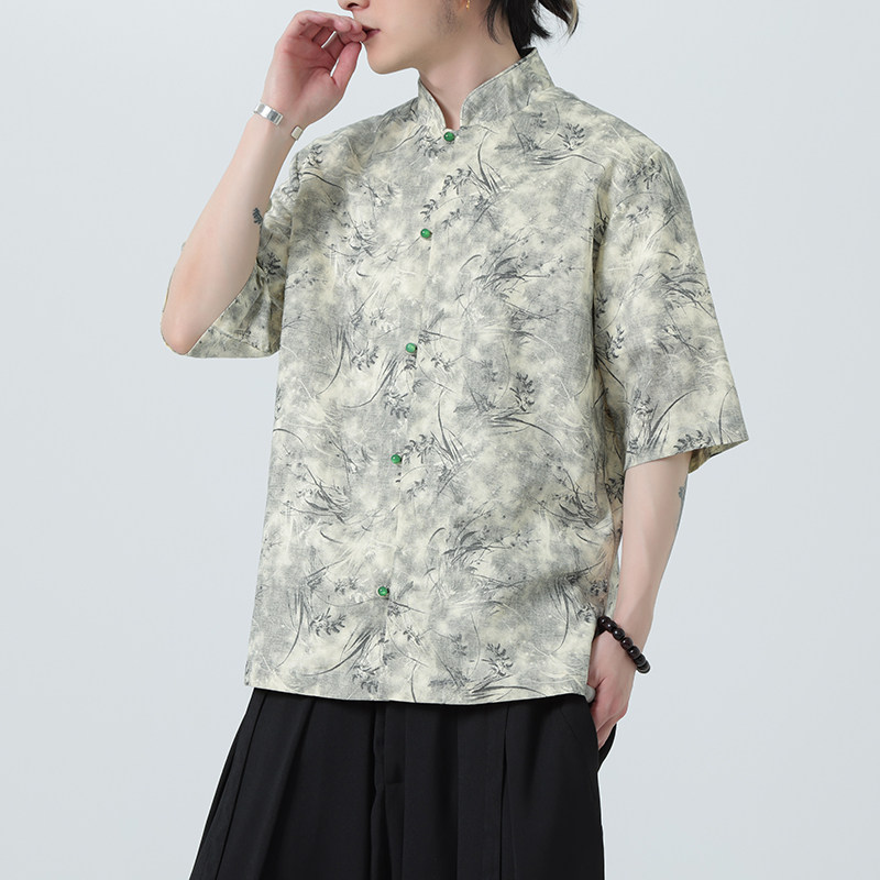 风夏季亚麻透气衬衫印花中式唐装汉服衬衣A321-1-C656-P75图片