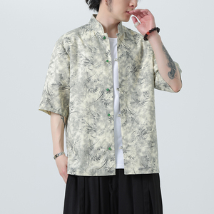 风夏季亚麻透气衬衫印花中式唐装汉服衬衣A321-1-C656-P75图片