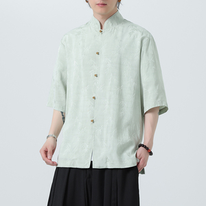 风薄款透气提花休闲铜扣中式复古立领衬衫A321-1-C652-P70图片