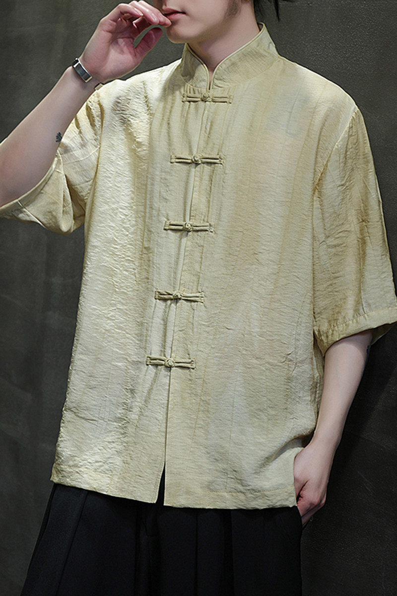 风唐装柳染亚麻短袖衬衫轻薄透气新中式汉服A321-1-C651-P75,男装衬衫,电商A321-1（原钱塘6020）