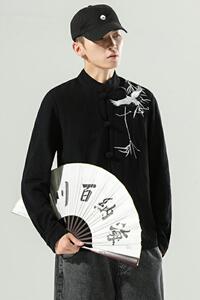 风男装鹤刺绣棉麻长袖衬衫中式盘扣立领唐装A321-1-C626-P70图片