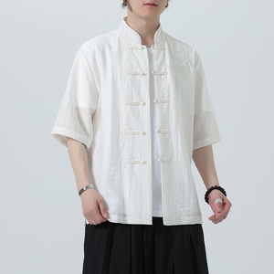 刺绣汉服风夏季轻薄亚麻短袖衬衫男新中式唐装A321-C650-P65图片