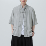 风唐装柳染亚麻短袖衬衫轻薄透气新中式汉服A321-1-C651-P75，男装衬衫，电商A321-1（原钱塘6020）