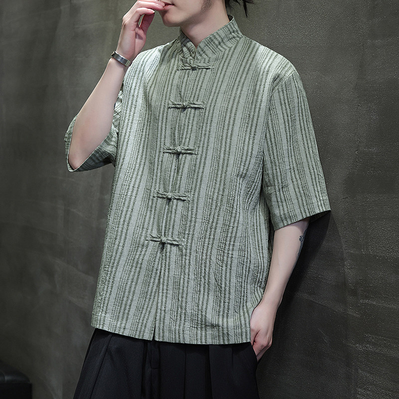 风衬衫男夏季大码中式棉麻衬衣唐装上衣汉服A321-1-C657-P70,男装衬衫,电商A321-1（原钱塘6020）