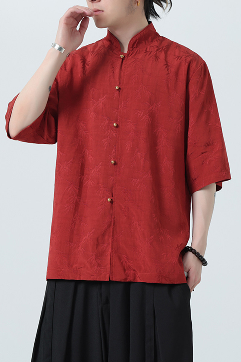 风薄款透气提花休闲铜扣中式复古立领衬衫A321-1-C652-P70,男装衬衫,电商A321-1（原钱塘6020）