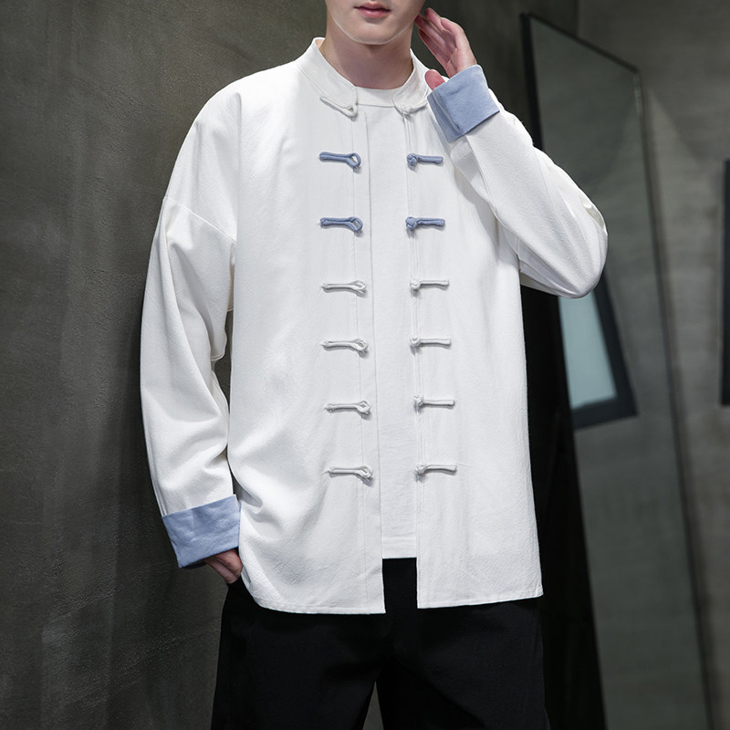 春秋中式复古太极服汉服风拼接亚麻棉麻衬衫A321-1-C631-P70,男装衬衫,电商A321-1（原钱塘6020）