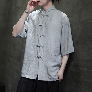 风唐装柳染亚麻短袖衬衫轻薄透气新中式汉服A321-1-C651-P75图片