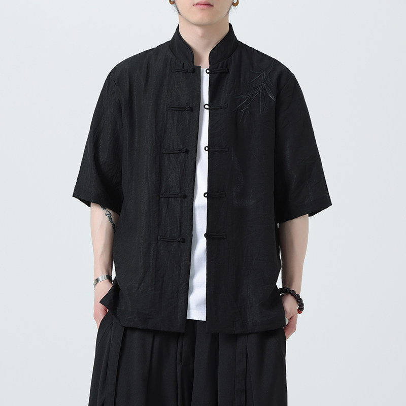 刺绣汉服风夏季轻薄亚麻短袖衬衫男新中式唐装A321-C650-P65,男装衬衫,电商A321-1（原钱塘6020）