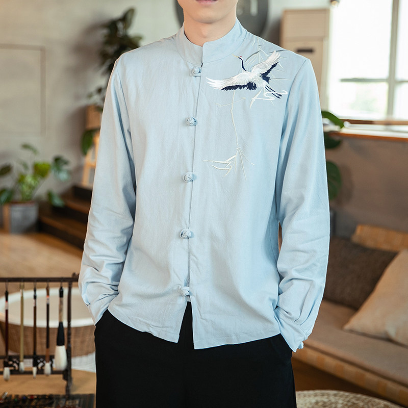 风男装刺绣棉麻长袖衬衫中式盘扣立领唐装A321-1-C626-P70,男装衬衫,电商A321-1（原钱塘6020）