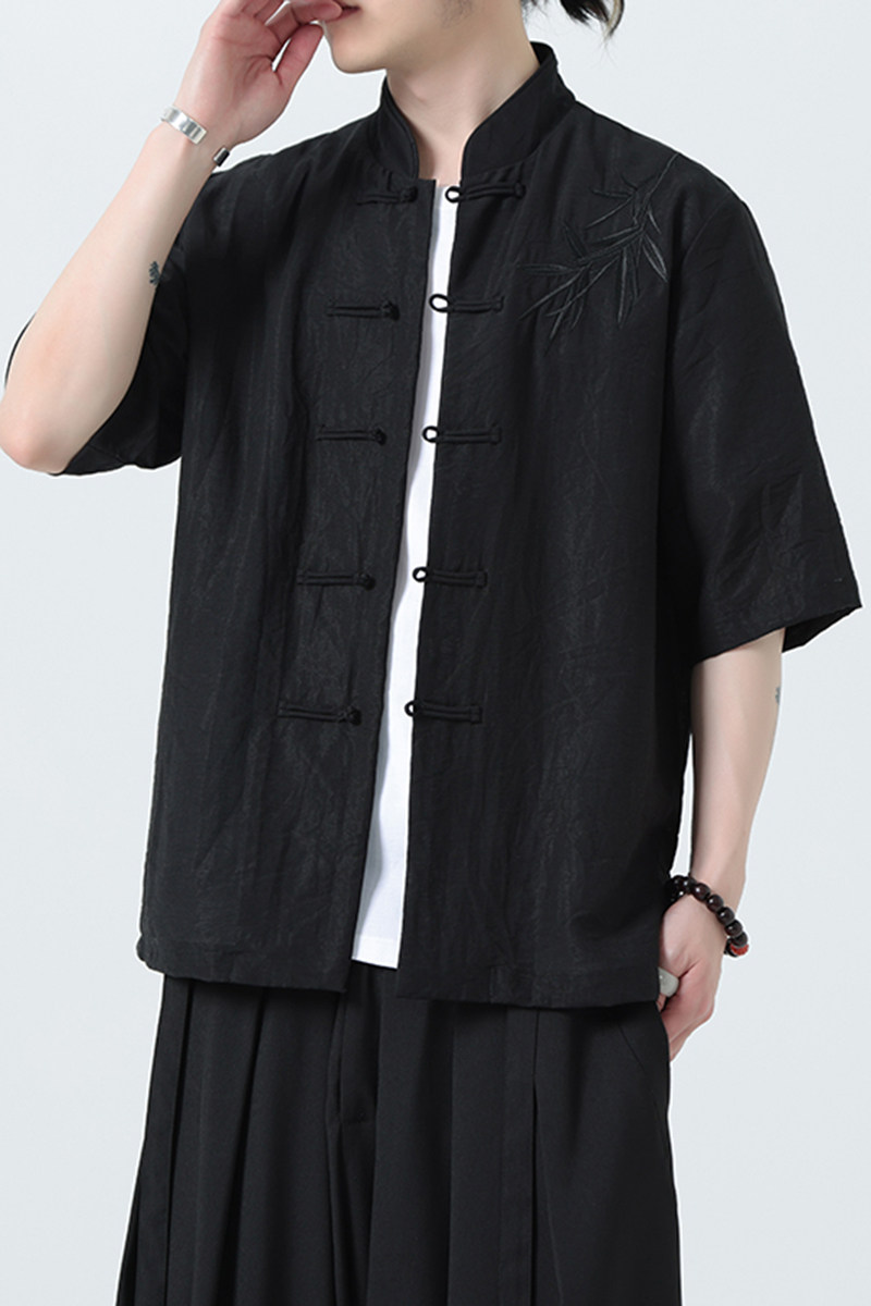 刺绣汉服风夏季轻薄亚麻短袖衬衫男新中式唐装A321-C650-P65,男装衬衫,电商A321-1（原钱塘6020）