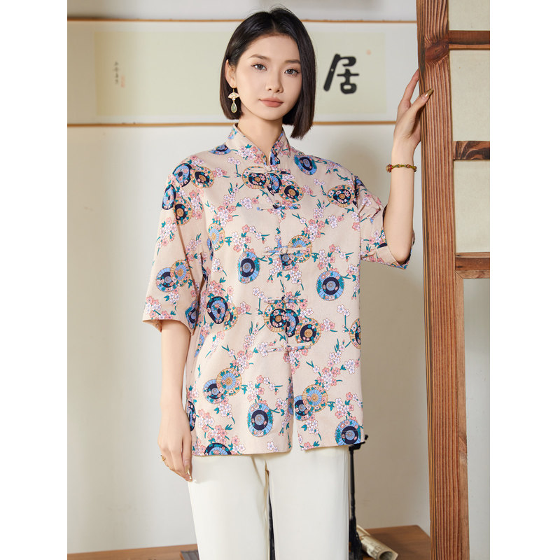 中式盘扣印花衬衫大码宽松风夏季休闲衬衣A321-C635-P60,男装衬衫,电商A321-1（原钱塘6020）