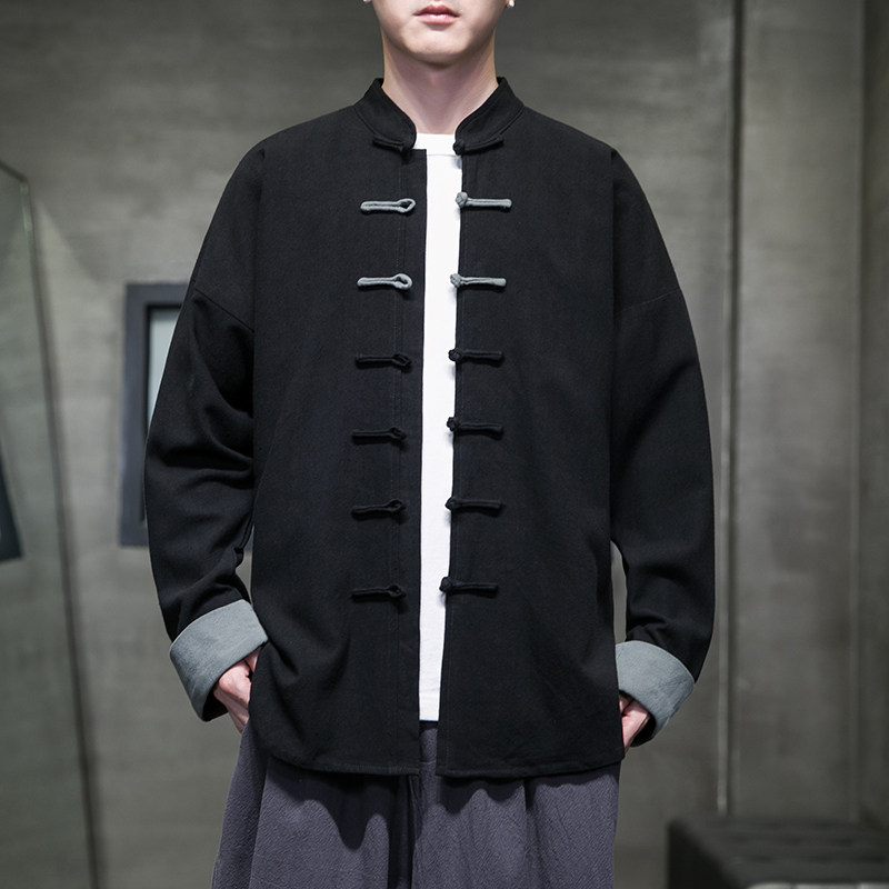 春秋中式复古太极服汉服风拼接亚麻棉麻衬衫A321-1-C631-P70,男装衬衫,电商A321-1（原钱塘6020）