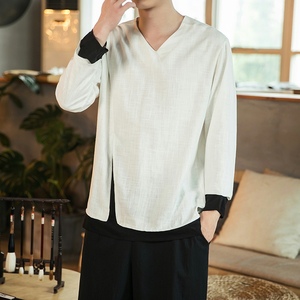 风假两件汉服古风仙气男装T恤长袖亚麻上衣A321-1-T809-P65图片