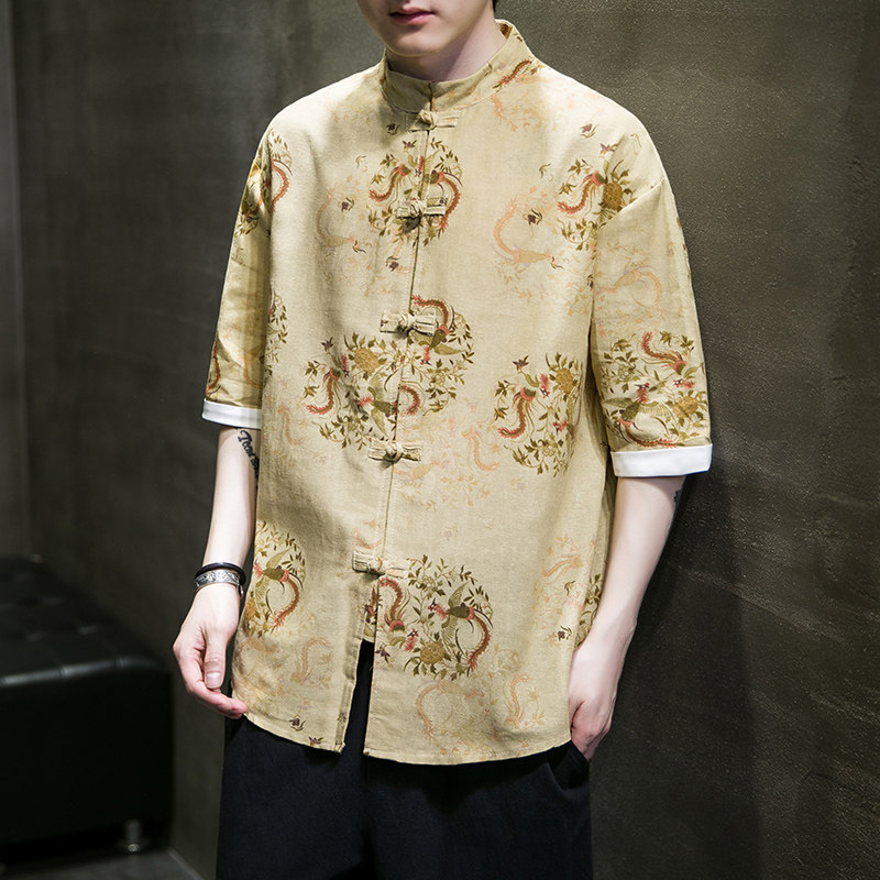 风夏季短袖衬衫汉服休闲大码印花男上衣唐装A321-1-C628-P50,男装衬衫,电商A321-1（原钱塘6020）